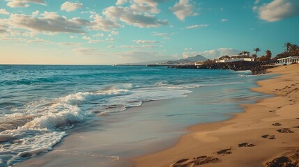 Playa de las Cucharas Costa Teguise Lanzarote A perfect family beach with golden sand turquoise waters and a variety of water sports : Generative AI