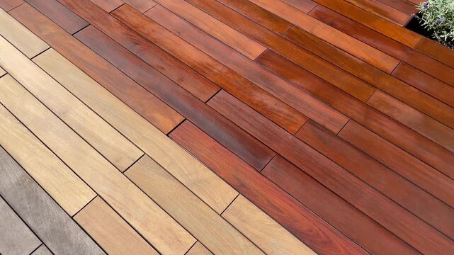 Ipe wood floor renovation, before, after sanding and freshly oiled