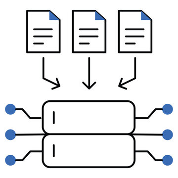 An icon showing document storage and processing with files connected to a central server, representing data management, digital document processing, and organized storage.