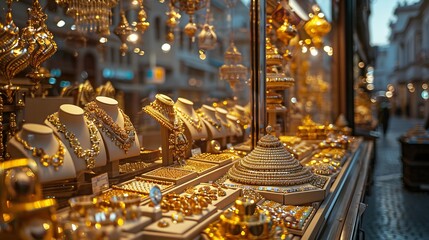 Obraz premium A gold shop windows at istanbul grand bazar or Kapali Carsi Turkey Jewelry in the store window A lot of luxury jewelry in the oriental market Concept of shopping in Middle East : Generative AI