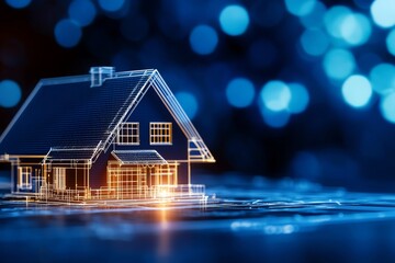 A futuristic house model illuminated against a vibrant blue bokeh background, representing innovation in real estate design.