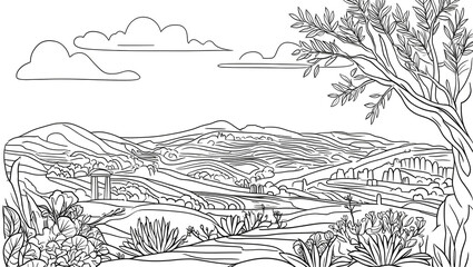 Fototapeta premium Landscape of Greece with hills, trees, clouds. Colouring book page outline, line art drawing