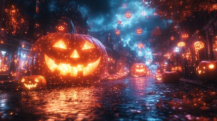 A vibrant Halloween street scene filled with glowing pumpkins and eerie lighting, perfect for festive celebrations.