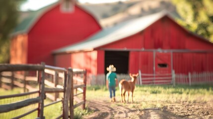 A child walks towards a red barn with a small goat.
