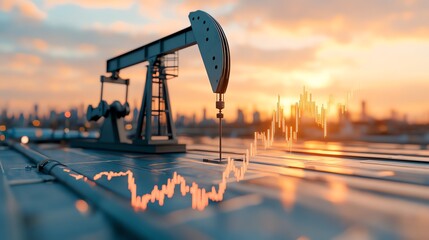 An oil pump jack silhouetted against a vibrant sunset, showcasing the synergy of nature and industry in a dynamic energy landscape.