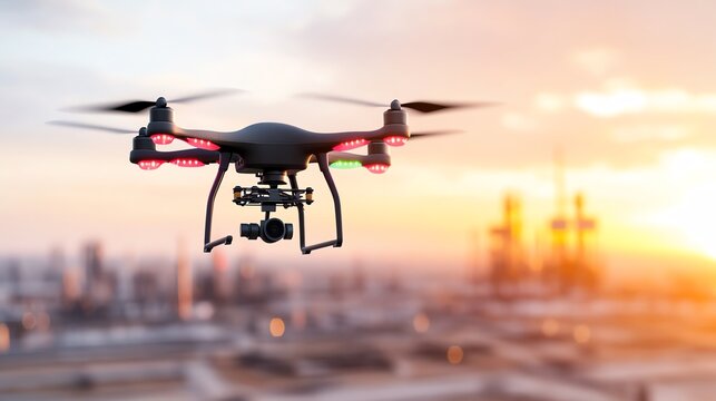 Aerial view of a drone flying over an industrial landscape at sunset, showcasing advanced technology in action.