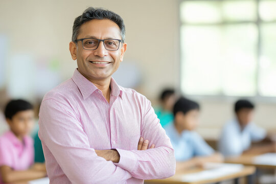 A middle-aged Indian male teacher with glasses standing in front of students sitting at desks