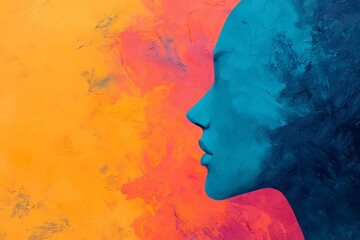 A vibrant abstract profile silhouette in blue against a warm orange background, evoking creativity and imagination.
