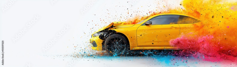 Poster a vibrant yellow car splattered with colorful paint, creating an artistic and dynamic visual effect 