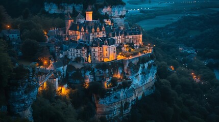 An Aerial view of the Rocamadour Sanctuary castle on cliff at night : Generative AI