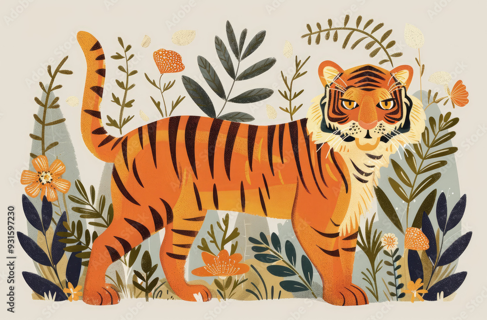 Wall mural A simple folk art painting of an orange tiger, with flowers and plants in the background