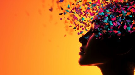 A vibrant silhouette of a woman with colorful butterflies, symbolizing creativity and transformation against an orange backdrop.