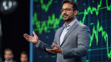 a confident Indian business man in glasses and a gray suit giving a presentation on stage