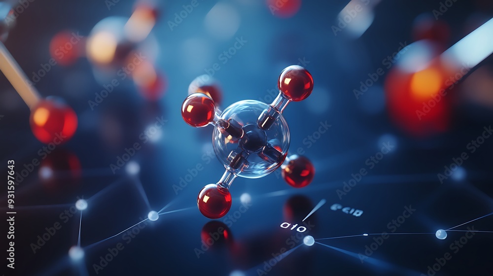 Poster a 3d rendering of a molecule with red and white atoms connected by lines, floating against a blue ba