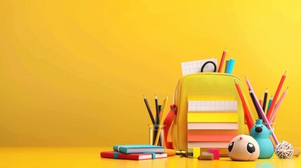 A vibrant back-to-school scene featuring a school bag filled with stationery supplies, set against a cheerful yellow background, perfect for banner design in educational contexts.