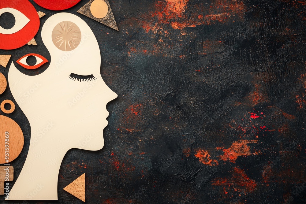 Poster Artistic representation of a woman's profile with abstract shapes, symbolizing creativity and self-reflection against a textured background.