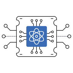 An icon featuring quantum computing with an atom symbol and circuit board, highlighting advancements in cryptography, AI acceleration, climate modeling, and drug discovery.