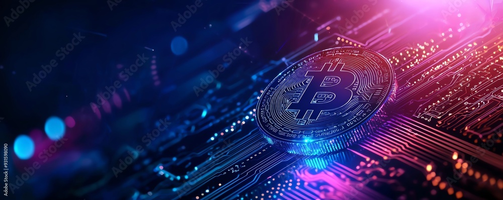 Poster close-up of a bitcoin on a circuit board with glowing lights highlighting the intricate technology b