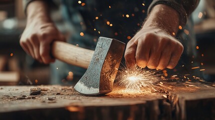 Close-up of men's hands sharpening an axe on an electric sharpener. Repair of home tools. Sparks fly