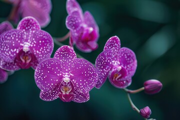 Naklejka premium An exotic orchid in bloom, with deep purple petals and a speckled white center, set against a dark green background.