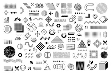Monochrome Memphis geometric shapes and elements in black and white colors. Vector set featuring abstract patterns, lines, forms, includes cubes, circles, triangles and dots with eclectic aesthetic