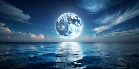 Majestic image of a full moon shining over a tranquil sea at night, moon, sea, ocean, night, stars, sky, reflection, calm