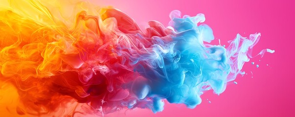 Fototapeta premium Vibrant smoke swirl in orange and blue against a pink background, creating a stunning visual effect ideal for design projects.