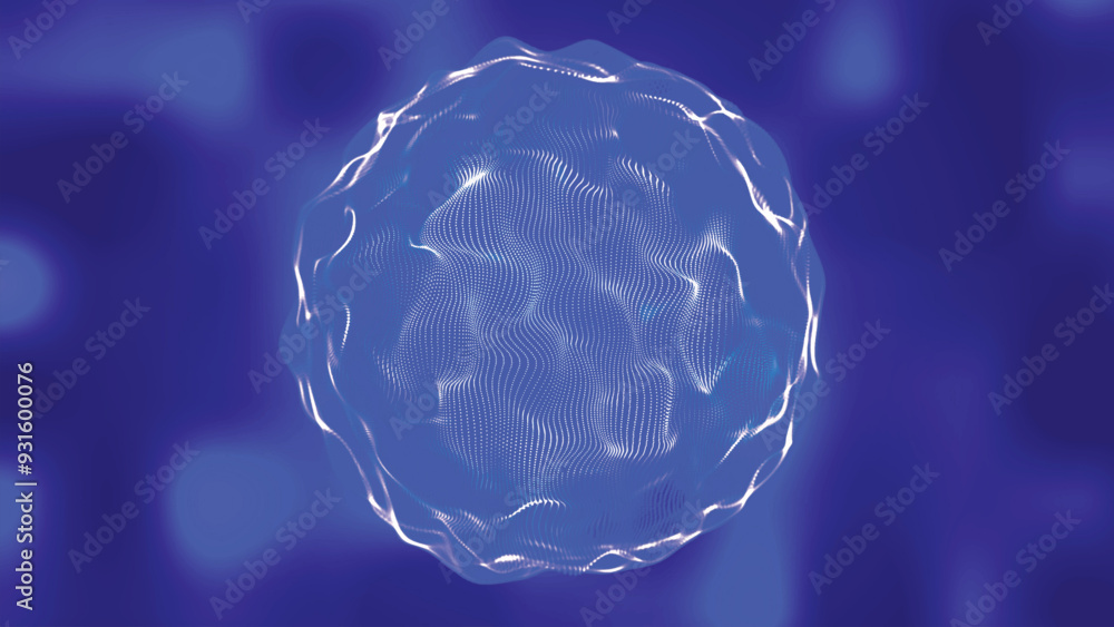 Poster futuristic fluid geometric sphere. abstract motion graphics with liquid particles moving in sphere. 