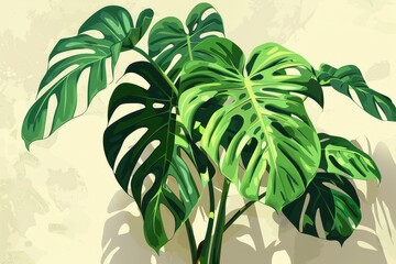 An illustration of a monstera plant, highlighting its large, glossy leaves with characteristic holes and splits