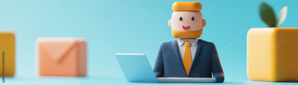 Poster a cheerful businessman using a laptop, surrounded by colorful blocks and envelopes, representing mod