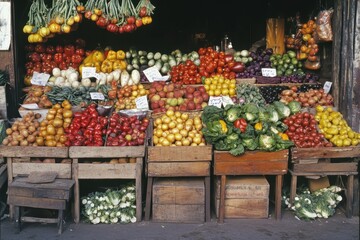 Obraz premium Fresh Produce Displayed in Wooden Crates at a Market Stall