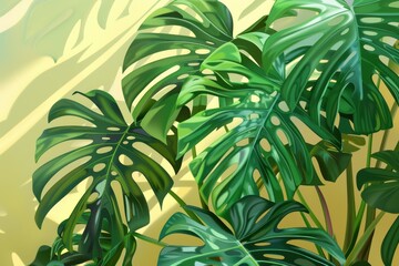 An illustration of a monstera plant, highlighting its large, glossy leaves with characteristic holes and splits