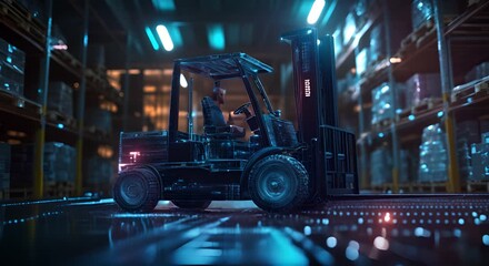 digital blue forklift truck with glowing data streams symbolizes the optimization of artificial intelligence in warehouse management and inventory control - Powered by Adobe