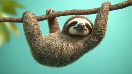 A happy sloth hanging from branch, exuding relaxed and cheerful vibe. Its fur is detailed, and background is calming turquoise. 