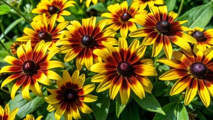 Fototapeta premium Vibrant yellow petals with dark centers of black-eyed Susans bloom amidst lush green foliage, isolated on a transparent background, perfect for landscape design accents.