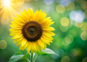 Obraz premium Bright yellow petals and dark center of a large sunflower bloom in sharp focus against a soft, blurred natural green background with gentle bokeh.
