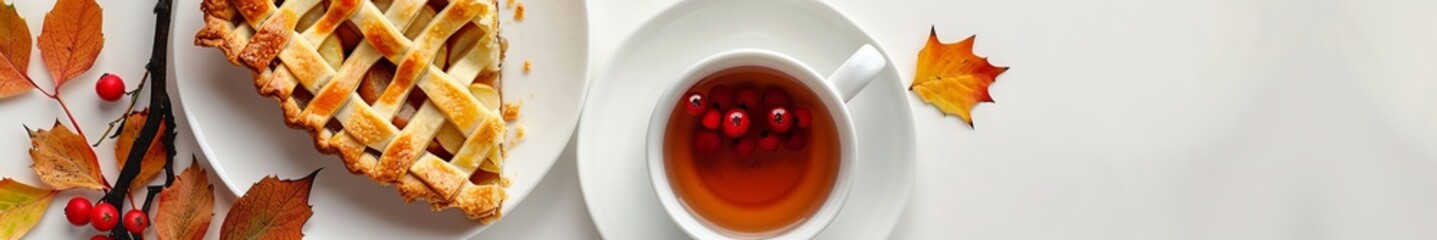cup of tea and piece of apple pie on autumn background.