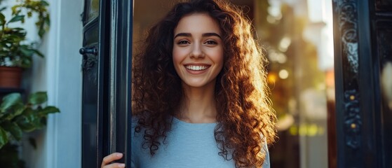 Portrait of cheerful young lady standing in doorway of new modern home, receiving and greeting visitor, happy smiling curly lady holding door looking out of slightly open ajar door