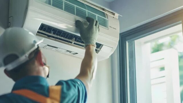 Technician maintaining modern indoor air conditioner
