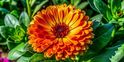 Obraz premium Vibrant orange marigold flower stalk with bright green leaves and delicate petals, standing upright, isolated on a transparent background, showcasing its natural beauty.