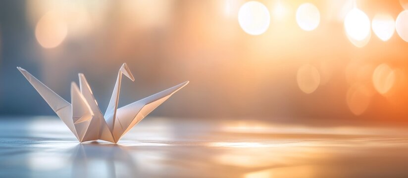 origami white paper crane in focus against blurred background with bokeh light effects in blue orange hues, banner with copy space. international day of peace, background for quotes on hope and peace.