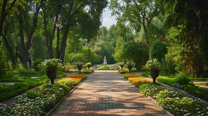 Obraz premium Blooming green park Botanical Garden Almaty : Generative AI