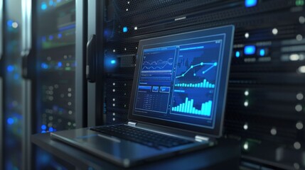 Fototapeta premium A laptop displaying data analytics on a futuristic server background with glowing lights and a dark color scheme