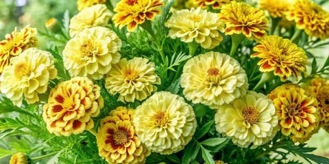 Vibrant watercolor marigolds with delicate petals and bright yellow centers are arranged in a loose bouquet, isolated on a transparent background, showcasing their beauty.
