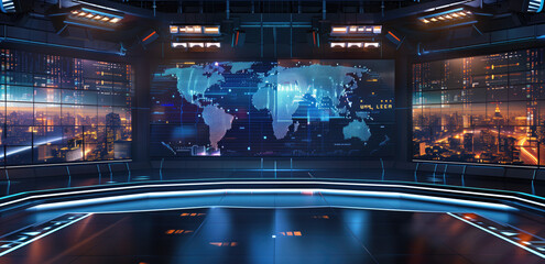 Futuristic control room with world map holographic display and cityscape outside the windows. Concepts of advanced technology, global communication, and urban development.