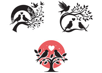 Birds Silhouette on branch and hearts, two birds sitting on the tree illustration, flying bird on a tree Vector, Wall decals, birds on a branch silhouette logo,  Birds couple in love