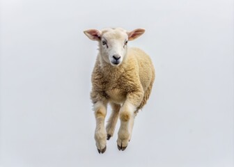 Fototapeta premium Adorable little sheep in mid-air jump, suspended on a clean white background, showcasing its fluffy coat and energetic pose, exuding innocence and playfulness.