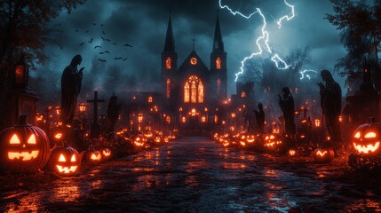 Gothic cathedral with jack-o'-lanterns and lightning

