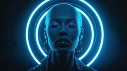 Obraz premium Portrait of a serene bald woman surrounded by glowing blue rings of light on a dark background