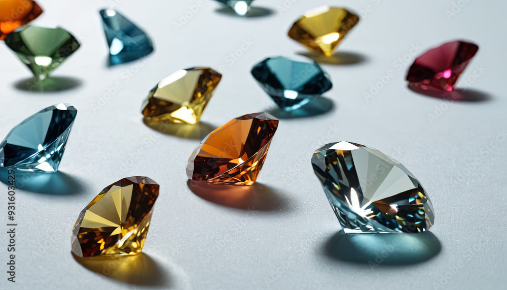 Poster Various sparkling diamonds in multiple colors are arranged artistically on a bright surface, creating a vibrant and dynamic visual impact